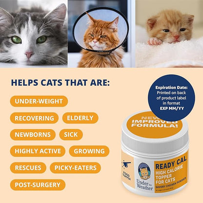 Under the Weather Ready Cal Powder for Cats | High-Calorie Weight Gainer &amp; Appetite Stimulant | Cat Energy Booster Veterinarian-Approved Pet Supplement with Vitamins &amp; Minerals | Chicken Flavor