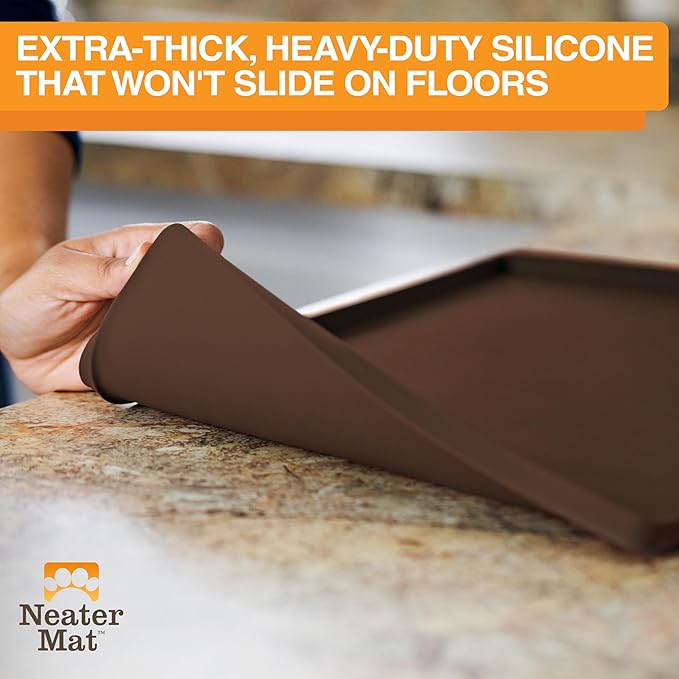 Neater Pet Brands Neater Mat Pet Mats for Food and Water, Cat &amp; Dog Bowl Mat Waterproof Silicone, Feeding Tray, Dog Food Mats for Floors, Placemat w/Raised Edge for Under Bowls, 24" x 16", Brown