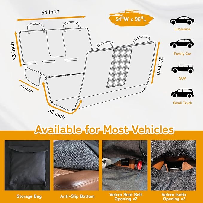 Full-Coverage Dog Seat Cover for Back Seat, 600D Ripstop Dog Hammock for Car,100% Waterproof CarSeat Protector, Suv Cargo Liner for Dogs, Armrest&amp;Child Car Seat Accessible,Install Once,Stay Put