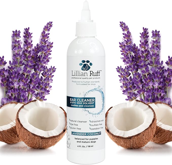 Lillian Ruff Ear Cleaner &amp; Otic Wax Solvent for Dogs with Tea Tree Oil, Bee Propolis &amp; Aloe - Coconut and Lavender Scent - Dissolve Wax and Combat Ear Odors - Safe for Sensitive Ears (4oz)