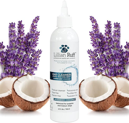 Lillian Ruff Ear Cleaner &amp; Otic Wax Solvent for Dogs with Tea Tree Oil, Bee Propolis &amp; Aloe - Coconut and Lavender Scent - Dissolve Wax and Combat Ear Odors - Safe for Sensitive Ears (4oz)