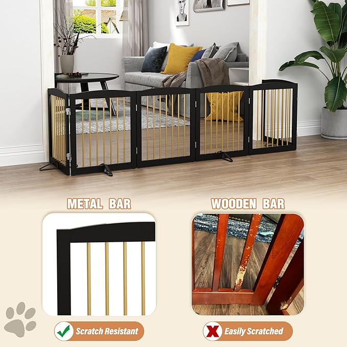 Freestanding Pet Gate for Dogs, Foldable Wooden Dog Gate for House, Extra Wide Indoor Pet Barrier for Stair, Doorway, Hall, Support Feet Included, 120 Inch Wide, 6 Panels 24",Black&amp;Gold