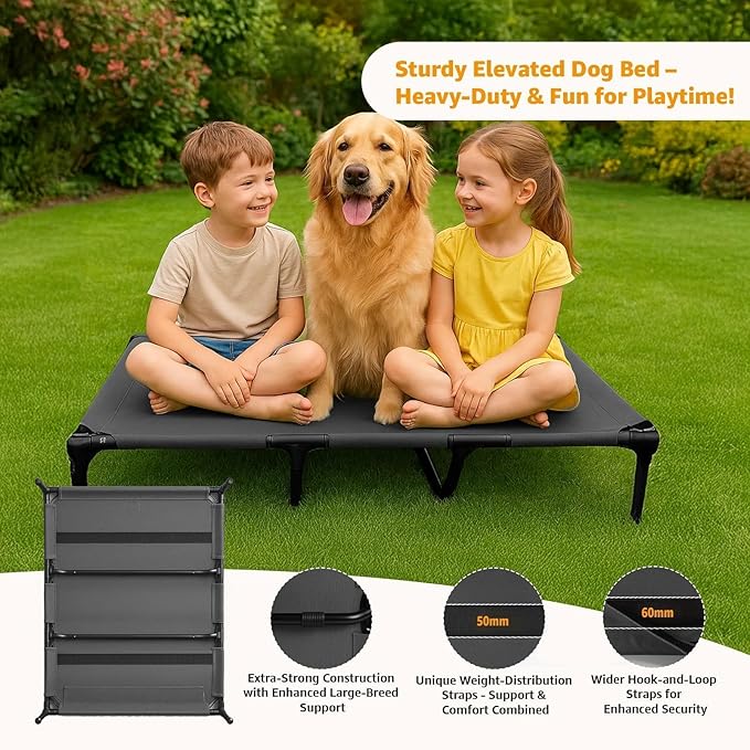 Canvas Elevated Dog Bed, Durable Chew Proof Outdoor Raised Pet Cot for Extra Large Dogs, Waterproof, Breathable, Portable, Washable, Easy Assembly, Sturdy Frame for Camping &amp; Travel, Dark Grey