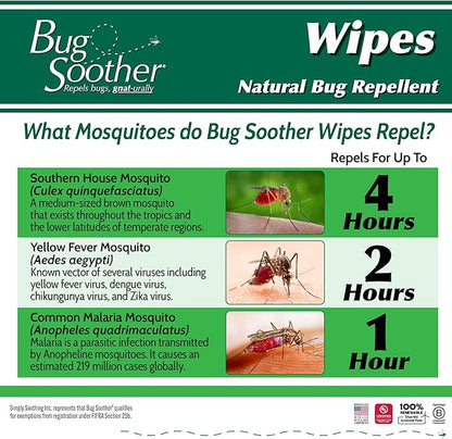 Bug Soother Wipes (15-ct) - Natural Mosquito Repellent &amp; Deterrent - 100% DEET-Free Safe Single-Use Bug Wipes for Adults, Kids, &amp; Pets - Made in USA