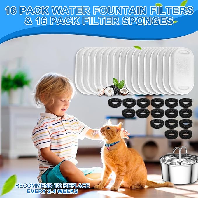 Cat Water Fountain Filters, 32 Pack Cat Replacement Filters for Stainless Steel 108oz/3.2L&amp; 67oz/2L adjustable Flow Pet Water, Dog Fountain Filter（16+16 Pack）