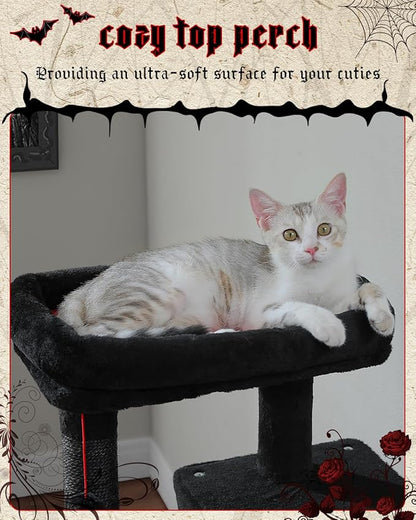 Gothic Cat Tree with Super Large Hammock, 45.7" Black Cat Tower with Coffin Bed, Cat Condo, Sisal Scratching Posts &amp; Top Perch, Multi-Level Goth Cat Tree, Halloween, Black