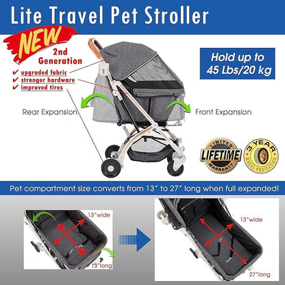 HPZ-PR America Pet Rover Lite Premium Light-Weight Dog/Cat/Pet Stroller Travel Carriage with Convertible Compartment/Aluminum Frame for Small &amp; Medium Pets (Gray 2nd-Gen.)