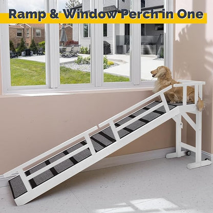 Dog Ramp for Bed or Couch, Wooden Pet Ramp with 20° Gentle Slope, Removable Side Rails, Non-Slip Surface, Top Platform &amp; Wheels, Safe Bed Ramp for Small, Medium &amp; Senior Dogs, 74" Long, White