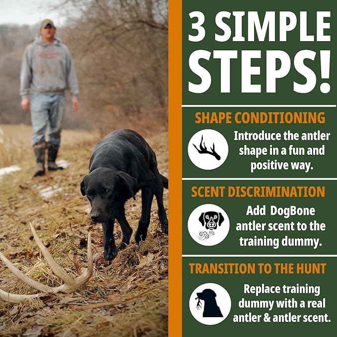 DogBone Shed Hunting Dog Training Kit – Train Your Puppy to Find Deer Antlers - Includes 2 oz Scent for Nosework &amp; Flexible Floating Dummy for Retrieving - Perfect for Whitetail Hunters