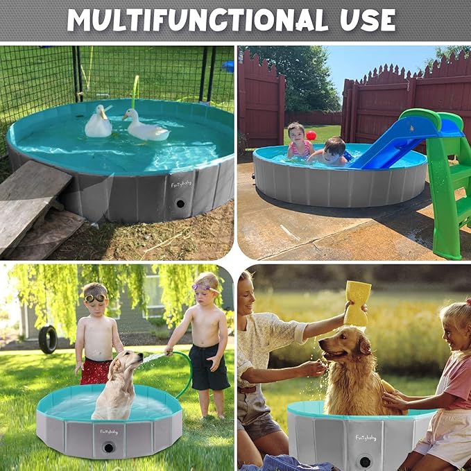 Furrybaby Dog Pool, Kiddie Pool with Hard Plate Collapsible Pet Bath Foldable Swimming Pet Pool Portable Grey 39&