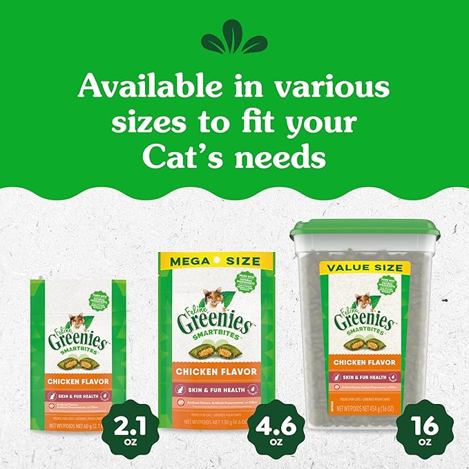 Greenies Feline Smartbites Skin &amp; Fur Health Crunchy and Soft Cat Treats, Chicken Flavor, 16 oz. Tub
