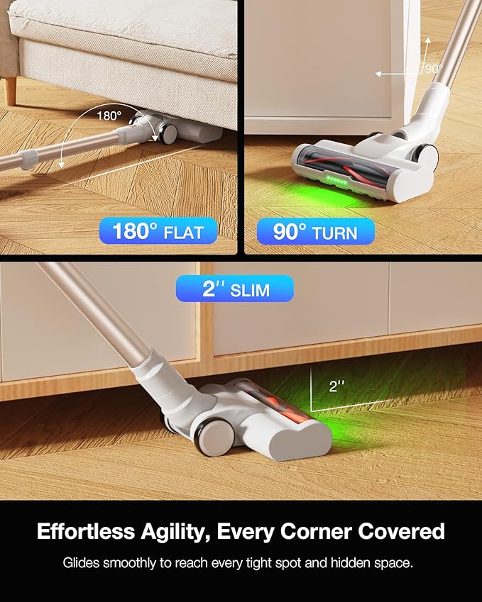 Cordless Stick Vacuum Cleaner for Home, Lightweight Rechargeable Vacuum with 55min Runtime, Powerful Suction, Green LED Headlight, 9-in-1 Pet Hair Carpet &amp; Hardwood Floor Cleaner