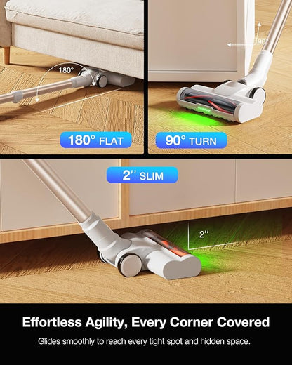 Cordless Stick Vacuum Cleaner for Home, Lightweight Rechargeable Vacuum with 55min Runtime, Powerful Suction, Green LED Headlight, 9-in-1 Pet Hair Carpet &amp; Hardwood Floor Cleaner