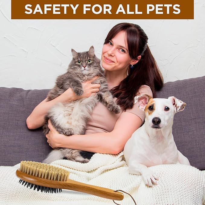 TAKAVU Short Hair Dog &amp; Cat Deshedding Brush - Double Sided Grooming Tool with Silicone Massage &amp; Bristle Sides - Removes Loose Fur &amp; Dirt - Wood Handle