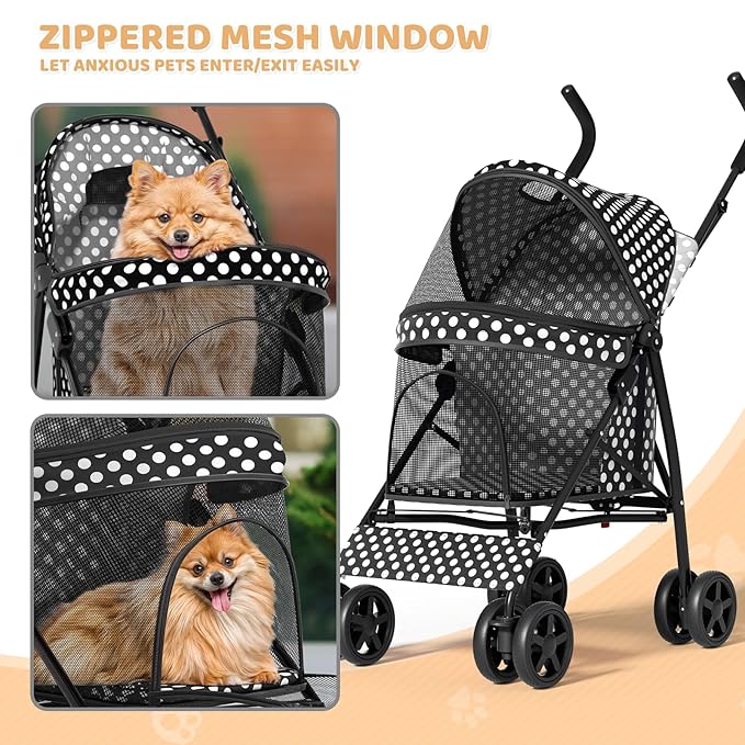Magshion Compact Pet Stroller for Small-Medium Dogs/Cats up to 22lbs, 4-Wheel Lightweight Umbrella Shaped Portable Puppy Travel Jogger with Breathable Mesh, Cup Holder &amp; Rear Storage, Black Polka Dots