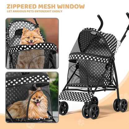 Magshion Compact Pet Stroller for Small-Medium Dogs/Cats up to 22lbs, 4-Wheel Lightweight Umbrella Shaped Portable Puppy Travel Jogger with Breathable Mesh, Cup Holder &amp; Rear Storage, Black Polka Dots
