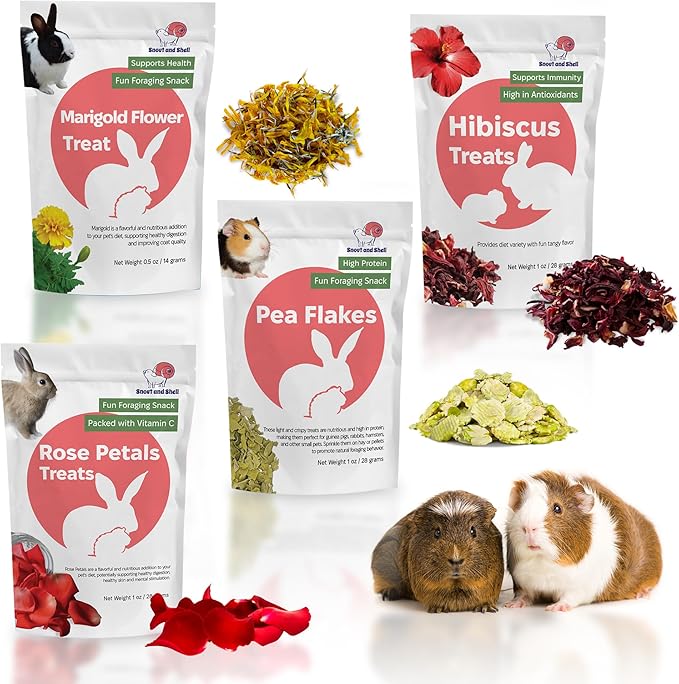 Snout and Shell Floral Favorites 4-in-1 Natural Treats for Small Pets – Pea Flakes, Marigold, Rose Petals &amp; Hibiscus – Healthy Snacks for Rabbits, Guinea Pigs, Chinchillas &amp; More