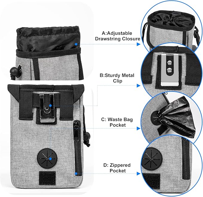 Airline Approved Dog Travel Bag with 2 Dog Treat Training Pouches, Tote Organizer for Weekend Pet Travel Supplies &amp; Accessories, 2 Collapsible Bowls, 2 Food Container (Grey)