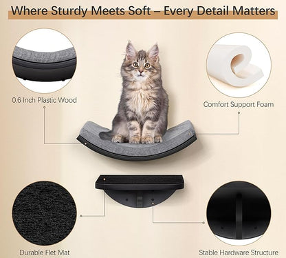 Curved Cat Wall Hammock Bed with Grey Foam Cushion – Floating Cat Wall Shelf Nest for Climbing, Sleeping &amp; Lounging