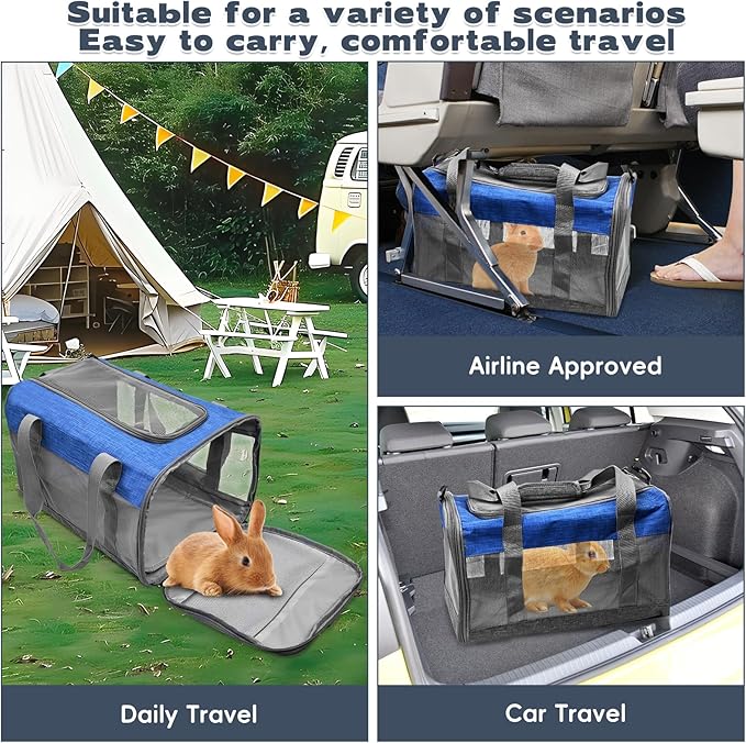 PINVNBY Bunny Carrier for Travel Camping Outdoor, Small Pet Carrier, Guinea Pig Carrier, Breathable Pet Portable Hand Bag for Hamster Bunny Guinea Pig (Blue &amp; Gray)