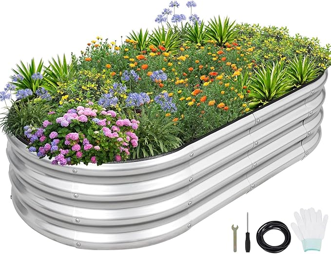 1MORE Galvanized Raised Garden Bed- Planter Garden Boxes Outdoor, Raised Beds for Gardening, 4x2x1ft Metal Garden Bed Kit for Vegetables Flower, Planter Raised Bed with Protective Tape &amp; Tools.Silver