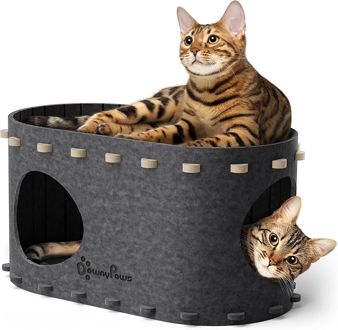 DownyPaws Cat House for Indoor Cats, Cat Bed Cave for Multiple &amp; Large Cats Up to 22 Lbs, Scratch Resistant Peekaboo Cat Caves, Foldable Tunnel Enclosed Bed, PeekaPurr, Sesame Gray