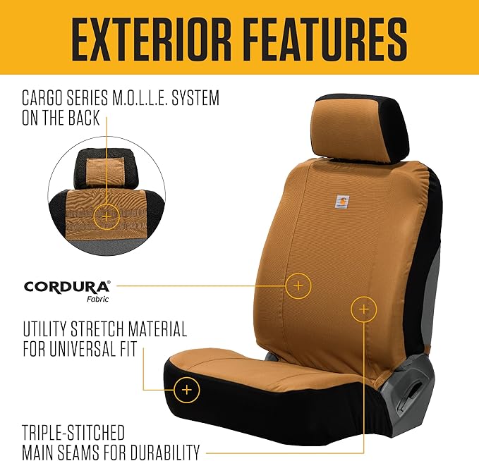 Carhartt Universal Nylon Duck Canvas Fitted Bucket Seat Cover, Durable Seat Protection with Rain Defender, Single, Black and Carhartt Brown