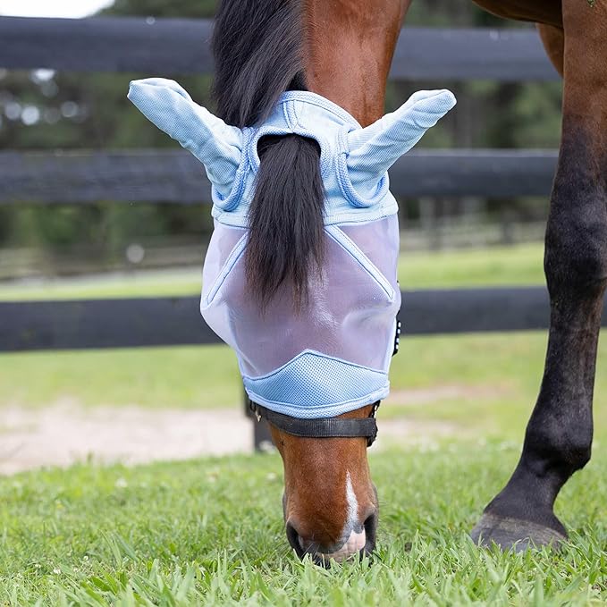 Equinavia Algard Soft Mesh Horse Fly Mask with Ear Protection and 45 UPF Rating | No Eye Irritation &amp; UV Protection - Light Blue - Warmblood