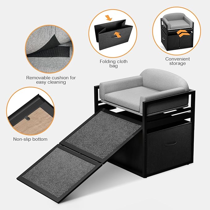 Pet Stairs Ramp Doggie Stairs with Seat &amp; Storage Drawers,Extra Wide Seat Mate Chair Puppy for High Bed Couch Office,Non Slip Dachshunds,Step for Small Dogs,Cat Ladder Grey(Hold Up to 100 lbs)