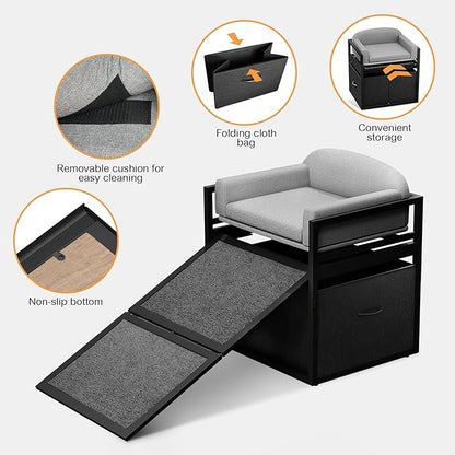 Pet Stairs Ramp Doggie Stairs with Seat &amp; Storage Drawers,Extra Wide Seat Mate Chair Puppy for High Bed Couch Office,Non Slip Dachshunds,Step for Small Dogs,Cat Ladder Grey(Hold Up to 100 lbs)