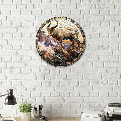 Lygond Metal Sign Tin Sign Circular Stained Glass Mountain Goat Vintage Sign For Club 8×8 Inches