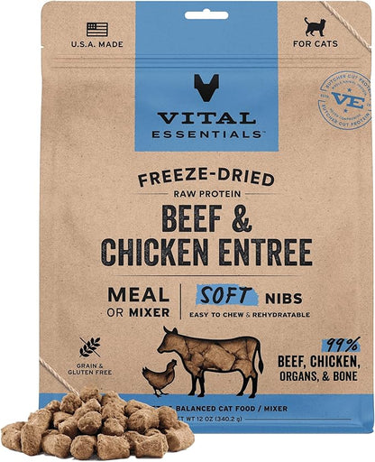 Vital Essentials Freeze-Dried Raw Beef &amp; Chicken Meal or Mixer Cat Food Soft Nibs | 99% Beef, Chicken, Organs &amp; Bone | 12 oz