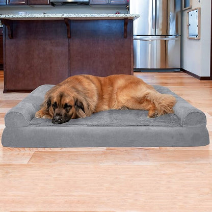 Furhaven Orthopedic Dog Bed for Large Dogs w/ Removable Bolsters &amp; Washable Cover, For Dogs Up to 125 lbs - Plush &amp; Suede Sofa - Gray, Jumbo Plus/XXL