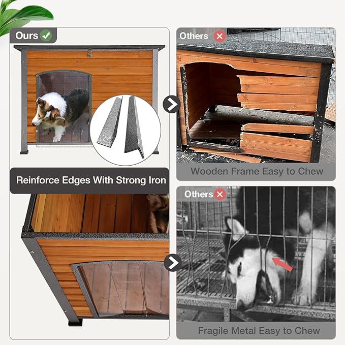 Wooden Dog House Outdoor with Iron Frame, Weatherproof Dog Kennel with Removable Floor, Anti Bite Puppy Shelter with Openable Roof (Brown, 33.5&