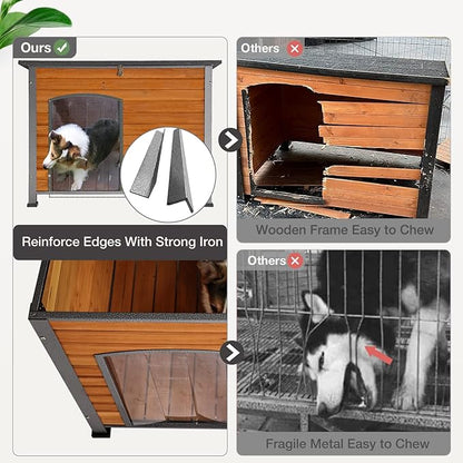 Wooden Dog House Outdoor with Iron Frame, Weatherproof Dog Kennel with Removable Floor, Anti Bite Puppy Shelter with Openable Roof (Brown, 33.5&