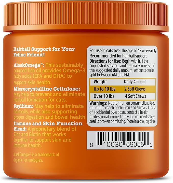 Zesty Paws Hairball Bites for Cats - Cat Furball Support - Functional Supplement with Omega 3 Fish Oil EPA &amp; DHA + Zinc, Biotin &amp; Psyllium Husk - Supports Gut &amp; Skin Health - 60 Count