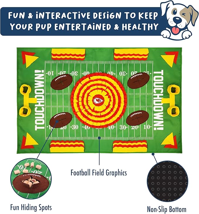 NFL Kansas City Chiefs Dog Snuffle Mat – Interactive Pet Slow Feeder, Football Field Design Food Puzzle Toy for Dogs &amp; Cats, Foraging Activity Mat for Smarter Feeding