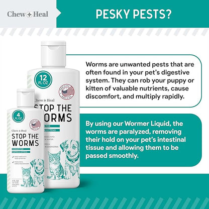Dog and Cat Dewormer Liquid - 4 oz Wormer Solution to Paralyze and Expel Roundworms - Kitten and Puppy Dewormer