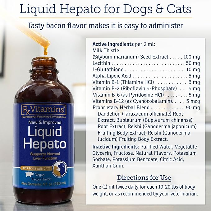 Rx Vitamins Liquid Hepato Support for Dogs &amp; Cats - Liver Support Supplement with Milk Thistle for Dogs (Silymarin &amp; Silybinin) and Vitamin B - Bacon Flavor (4oz)