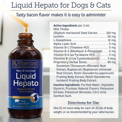 Rx Vitamins Liquid Hepato Support for Dogs &amp; Cats - Liver Support Supplement with Milk Thistle for Dogs (Silymarin &amp; Silybinin) and Vitamin B - Bacon Flavor (4oz)
