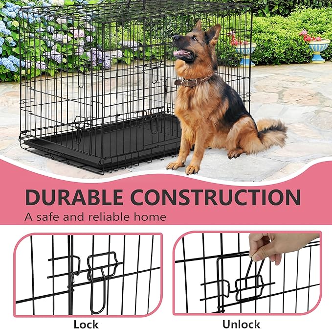FDW Extra Large Dog Crate Dog Kennel Cage with Double Door,48 inch Folding Metal Wire Dog Cage with Removable Tray&amp;Divider Panel,Pet Crate for Large Dogs,Black