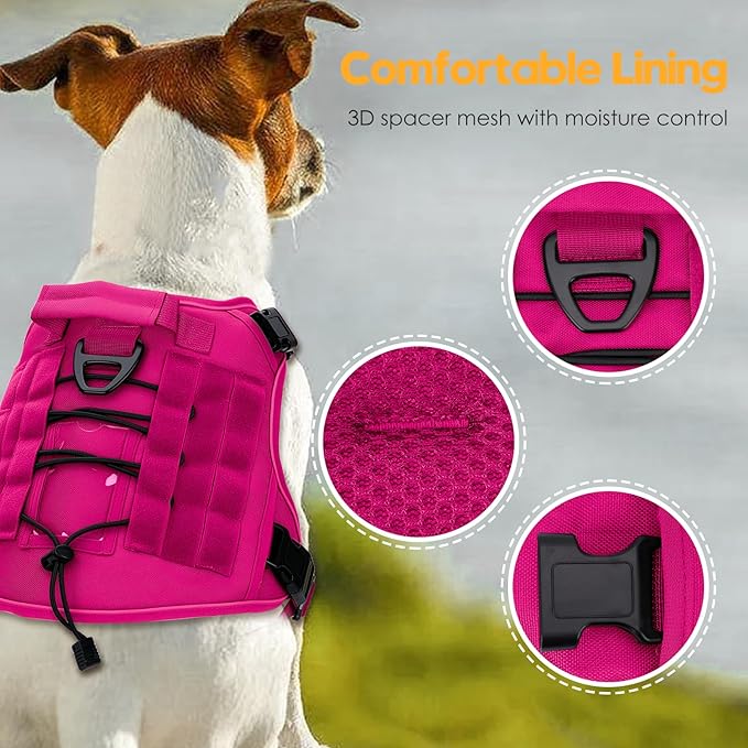 Heavy-Duty Tactical Dog Harness for Large Dogs, No Pull Adjustable Reflective Pet Vest with Molle System, K9 Military-Grade Control for Service Training, Outdoor &amp; 10+ Breeds, Hot Pink, XX-Large