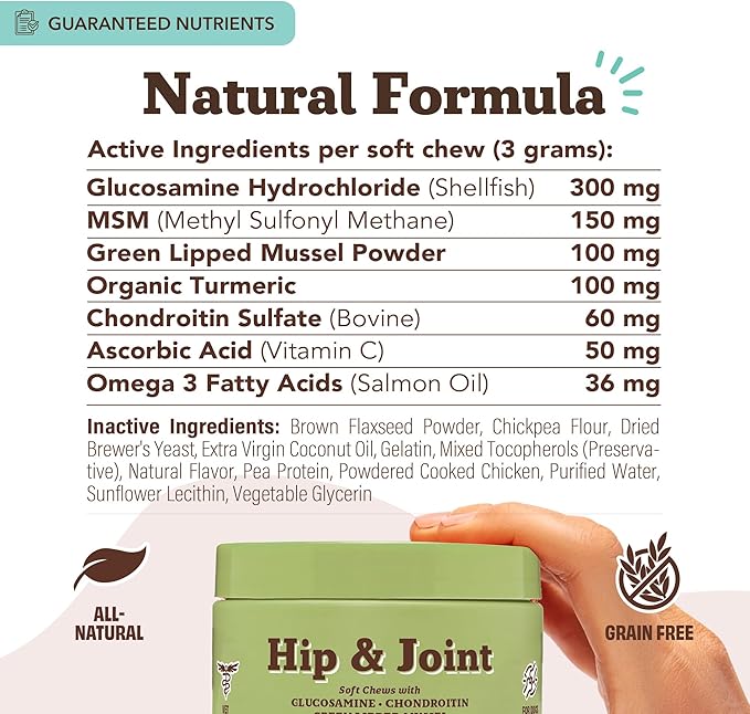 Natural Dog Company Hip &amp; Joint Chews, Chicken Liver &amp; Turmeric Flavor, with Glucosamine Chondroitin for Dogs, Maintains Bone and Joint Health, Supplements for Seniors and Puppies, 90 Count