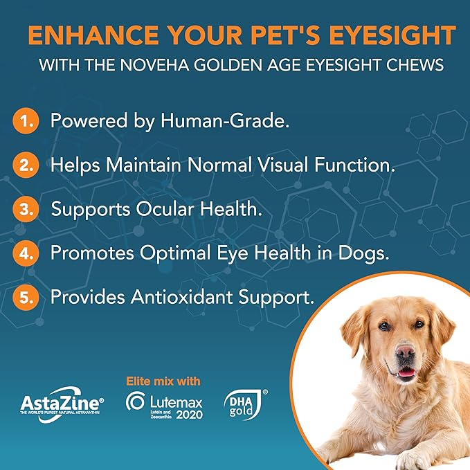 NOVEHA Eye Supplement for Dogs - Vision Support with Lutein + Vitamin C &amp; Astaxanthin Antioxidants - Dog Vitamins for Eyes + Fish Oil for Omega 3 EPA - Made in USA - 90 Soft Chews (3 Pack)
