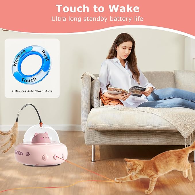 hooroor 2-in-1 UFO Laser Cat Toy – Automatic Motion with Feather, Rechargeable Smart Sensor Interactive Toy for Indoor Cats &amp; Dogs, Fun Exercise &amp; Play, Perfect Pet Gift