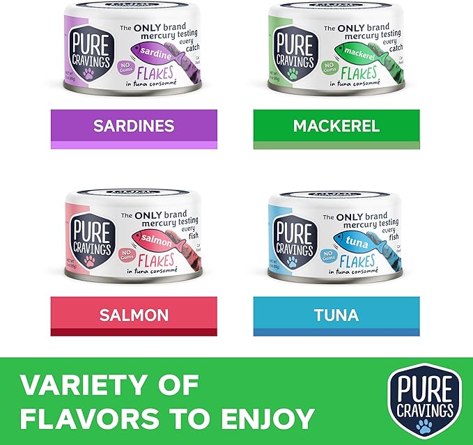Flakes in Tuna Consommé, Canned Wet Cat Food Soup, 100% Mercury-Tested, Moist Can Fish, Grain-Free Protein, Non-GMO, 3oz, Variety Pack 3X Tuna, 3X Salmon, 3X Sardine, 3X Mackerel