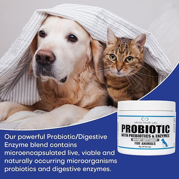 Probiotics for Dogs and Cats - Vet Formulated Made in USA Pet Prebiotic &amp; Enzyme Powder for Digestive, Gut &amp; Immune Health - 200 Servings (50 g)
