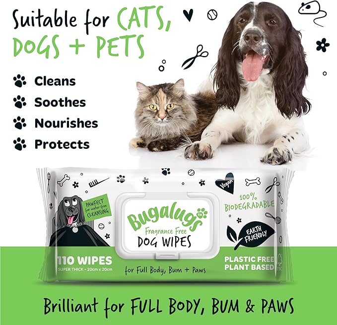 Dog Wipes, 100% Plastic Free Biodegradable pet Wipes for Full Body, Eye Wipes, Ear Wipes, Bum &amp; Paws. 110 Sensitive Dog Grooming Wipes for Dogs, Puppy &amp; cat Grooming (Fragrance Free)