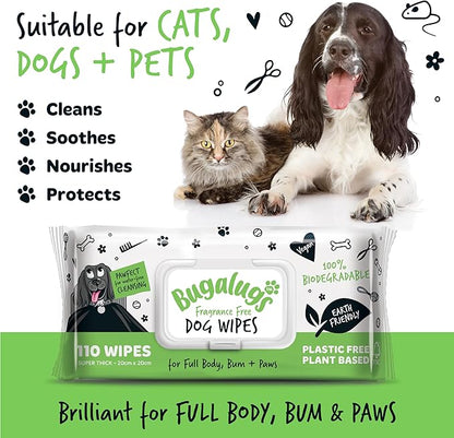 Dog Wipes, 100% Plastic Free Biodegradable pet Wipes for Full Body, Eye Wipes, Ear Wipes, Bum &amp; Paws. 110 Sensitive Dog Grooming Wipes for Dogs, Puppy &amp; cat Grooming (Fragrance Free)
