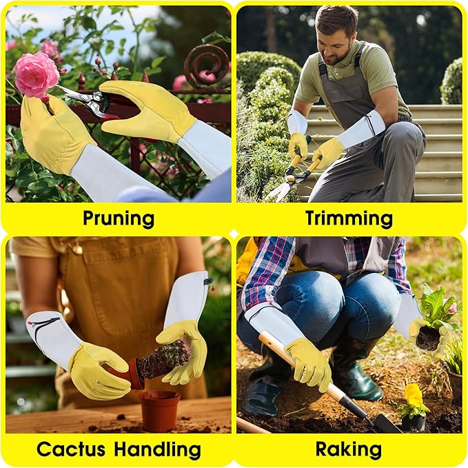 HANDLANDY Rose Gloves for Men &amp; Women, Long Leather Gardening Gloves Thorn Proof, Best Garden Gifts &amp; Tools for Gardener (Yellow-beige, Small (Pack of 1))